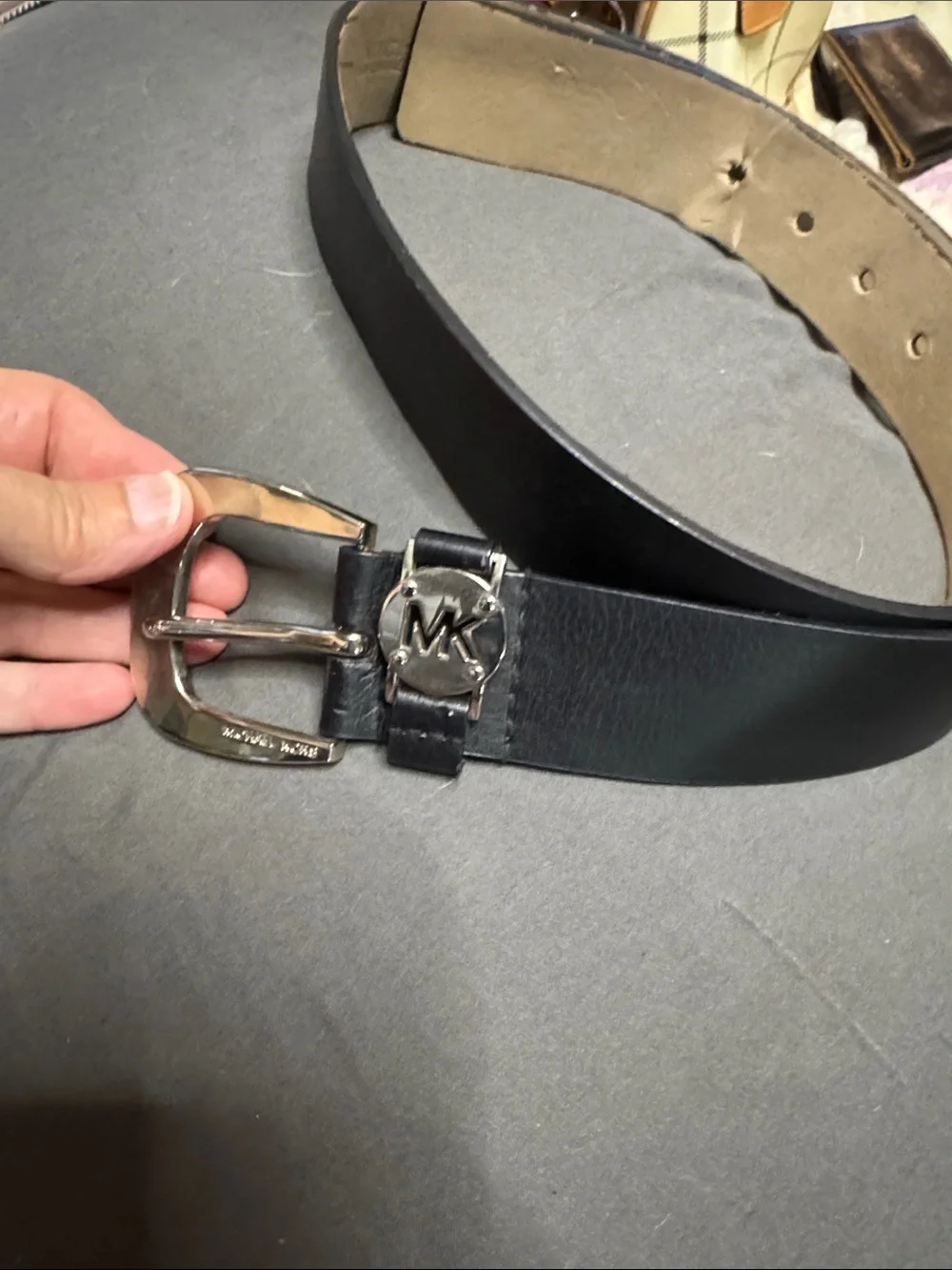 Michael Kors Black Leather Belt with MK Round Logo Accent